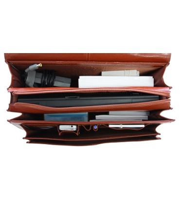 Trzykomorowa teczka męska na laptopa z paskiem ze skóry, koniakowa